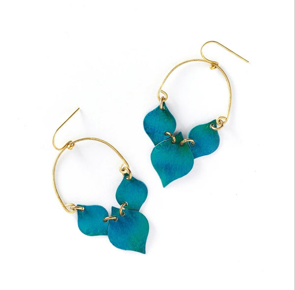 Chameli Drop Earrings with Gold Hoop and Teal Leaves