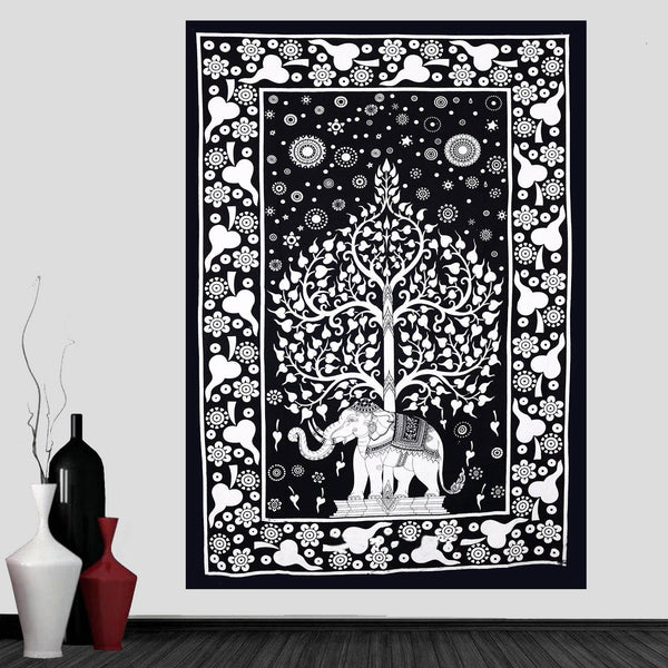 B&W Elephant Tree Tapestry
