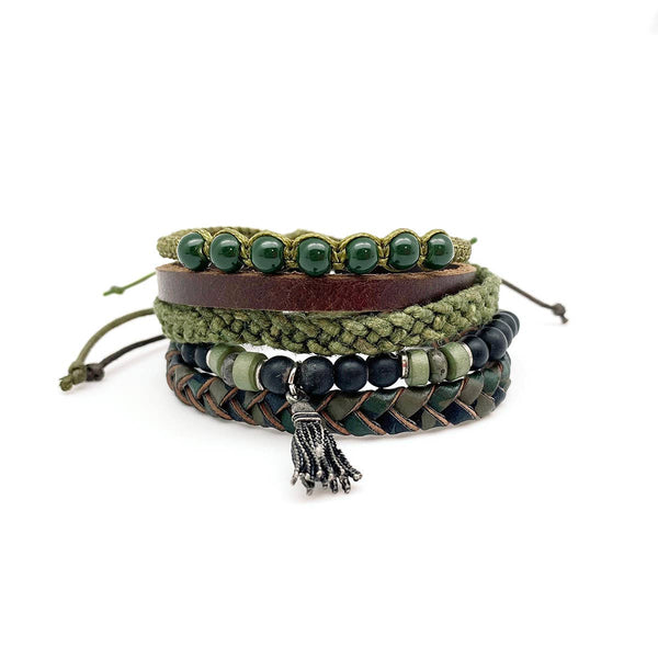 Aadi Black and Green Beads, Leather, Tassel Bracelet Set