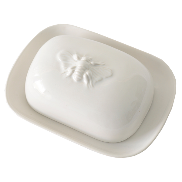 White Ceramic Bee Continental Butter Dish