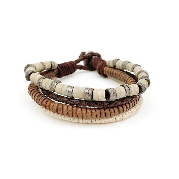 Aadi Bracelet - Ivory Beads/Twine, Brown Leather