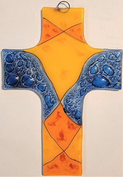 Blue, Yellow, Orange Glass Cross - large