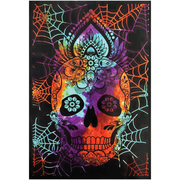 Skull Spider Web Floral Tapestry