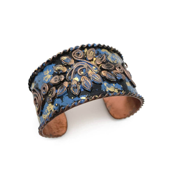 Filigree Leaves and Curly Lines Blue and Gold Patina Cuff