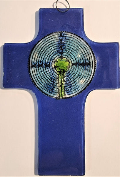 Blue Labyrinth Glass Cross - Medium