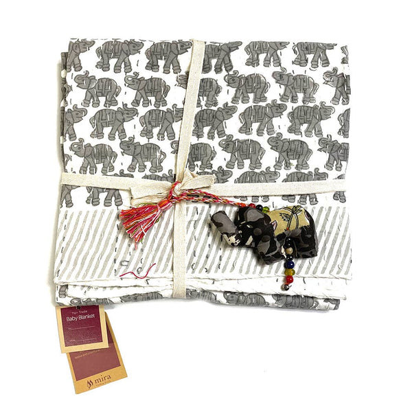 Block Printed Kantha Baby Quilt - Small Elephant Print