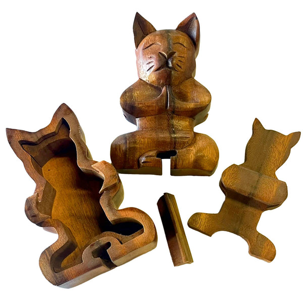 Yoga Cat Carved Wooden Puzzle Box