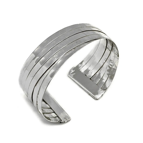 Crossed Wide Bands Adjustable Silver Plated Cuff