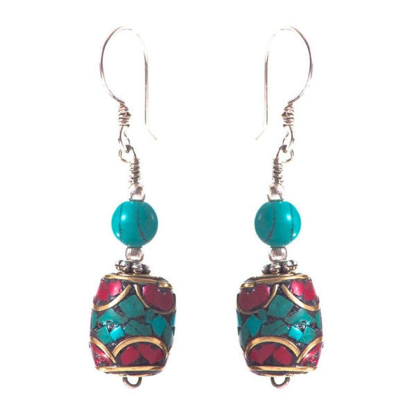 Turquoise & Coral Barrel Earrings with Turquoise Bead