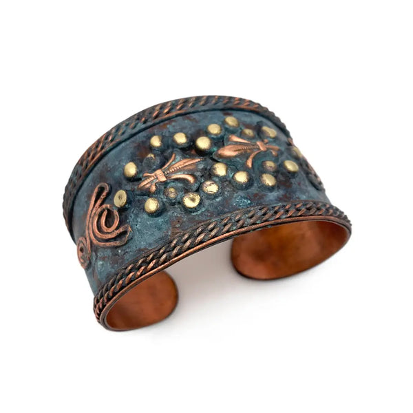 Teal Vintage Copper Patina Cuff with Filigree, Wavy Lines