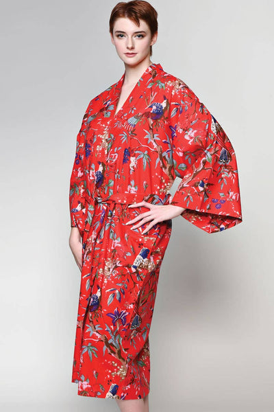 Cotton Kimono Robes: Red Multi Birds