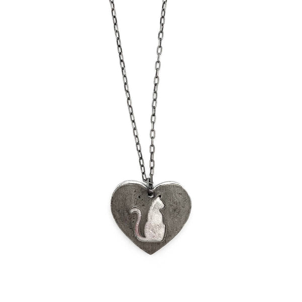 Pewter Necklace - Cat Silhouette in Heart