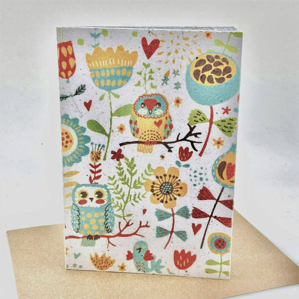 Growing Paper greeting card - Owls and Flowers