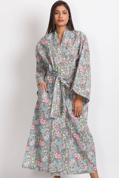 Cotton Kimono Robes: Silver Floral