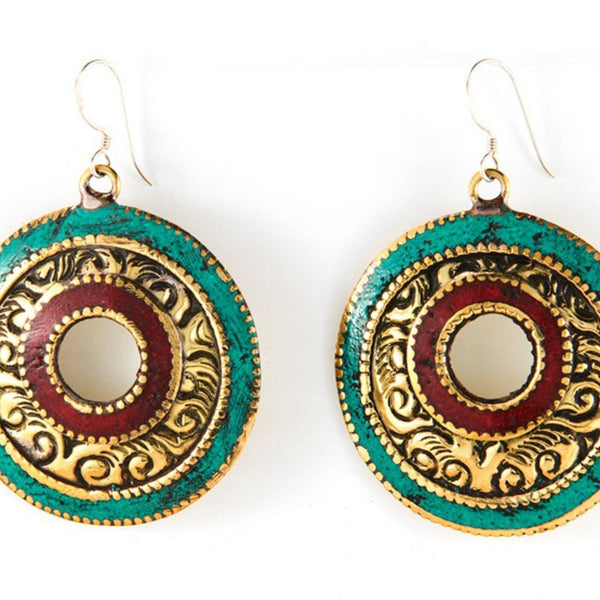 Coral and Turquoise Brass Tibetan Earrings