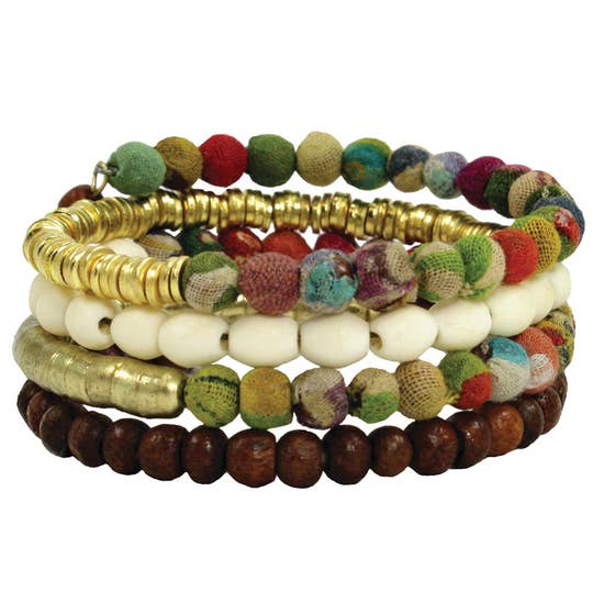 Kantha & Wood Coiled Bracelet