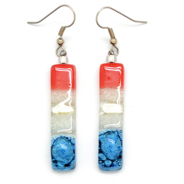 Long Rectangle Red White Blue Glass Earrings