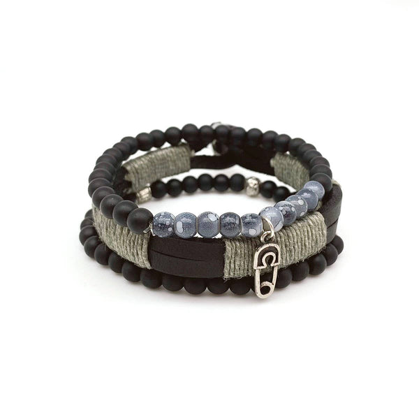 Aadi Bracelet - Black/Blue Beads with Leather and Twine Set
