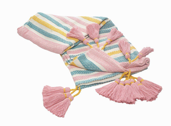 Pink, Blue, and Sunny Striped Throw Blanket with Tassels