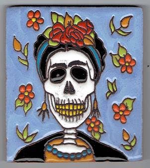 Frida Khalo Skeleton Tile with Small Flower Background