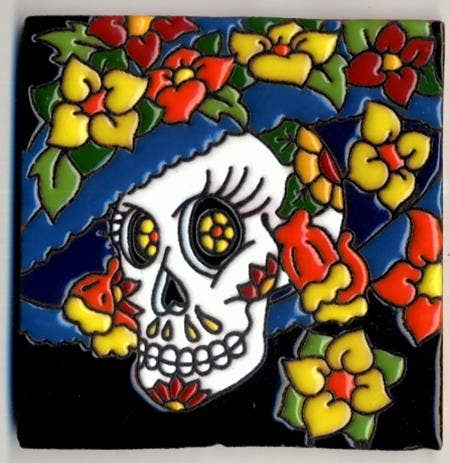 Tile Catrina Skull Hat  With Yellow Flowers